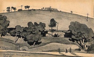 Σχέδιο του Φ. Κόντογλου «Ηλιοβασίλεμα Δρόμος» Ιούνιος 1924 Σχέδιο του Φ. Κόντογλου «Ηλιοβασίλεμα Δρόμος» Ιούνιος 1924